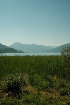 Gorgeous view of a vibrant green field surrounded by silhouettes of mountains at the Tegernsee Lake