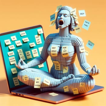 a stressed woman covered of post it notes in lotus yoga position relaxing at the office ai generated