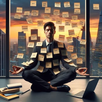 a stressed man covered of post it notes in lotus yoga position relaxing at the office ai generated