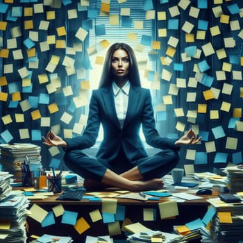 a stressed woman covered of post it notes in lotus yoga position relaxing at the office ai generated