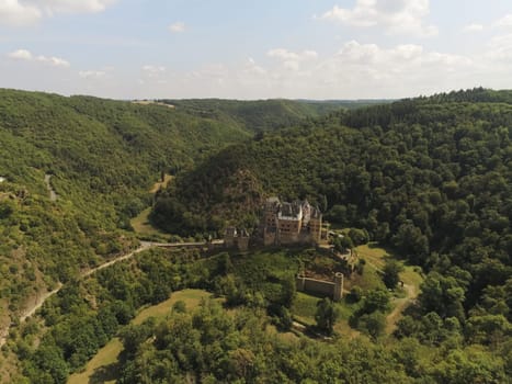 Aerial view of the 12th-century hilltop Eltz Castle near Wierschem in Rhineland-Palatinate, Germany