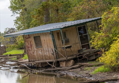 Collapsing abandoned cabin on the banks by calm waters of the bayou of Atchafalaya Basin near Baton Rouge Louisiana