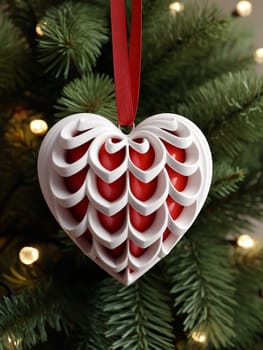 A crafted heart ornament in red and white, suspended on a Christmas tree