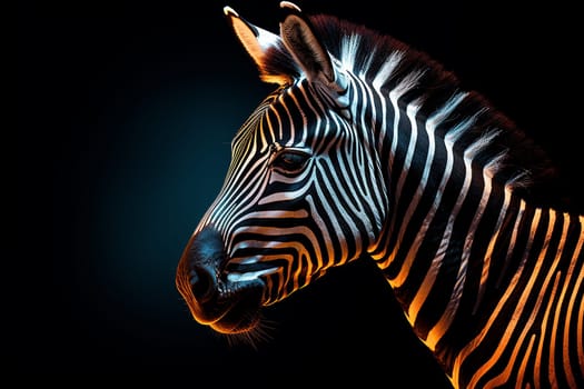 A close up photo of a wild zebra, on black background, wild african animal