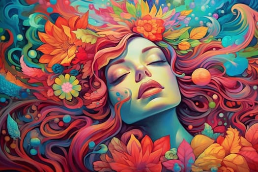 Woman drawing surround by flower, colorful wallpaper, graffiti art