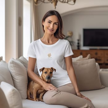 A beautiful woman with her dog, sitting on a sofa. minimal design, grey palette