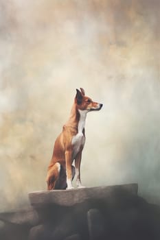 A happy and funny dog looking in front, neutral background