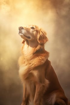 A happy and funny golden retriever dog looking in front, neutral background