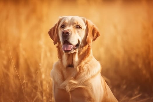A happy and funny golden retriever dog looking in front, neutral background
