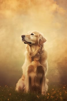 A happy and funny golden retriever dog looking in front, neutral background