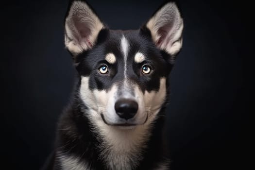 A dog looking at camera with black background, majestic dog