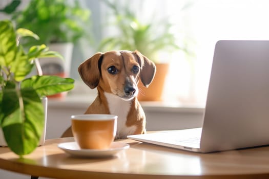 A business dog with his computer, working, with a cup of coffee on a sofa