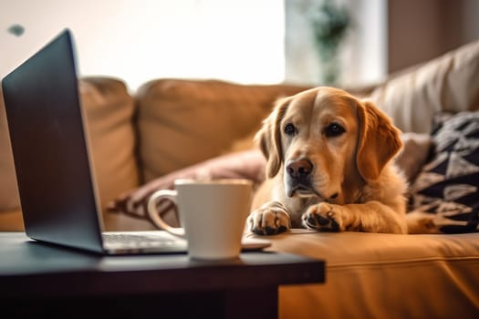 A business dog with his computer, working, with a cup of coffee on a sofa
