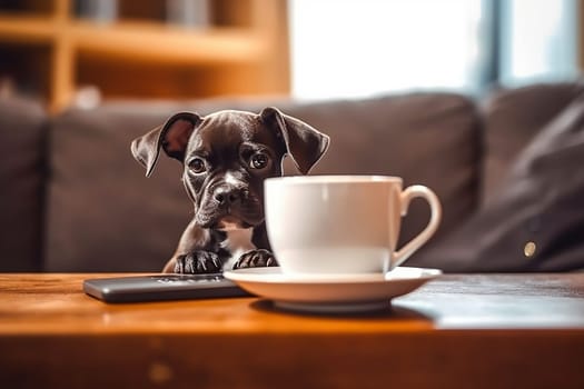 A business dog with his computer, working, with a cup of coffee on a sofa