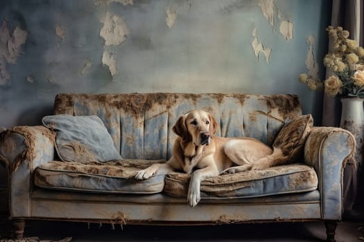 Happy dog on a ruined sofa, guilty dog
