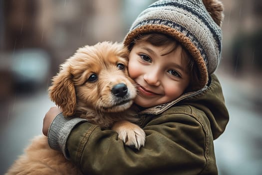 A happy child hugging his dog, city settings