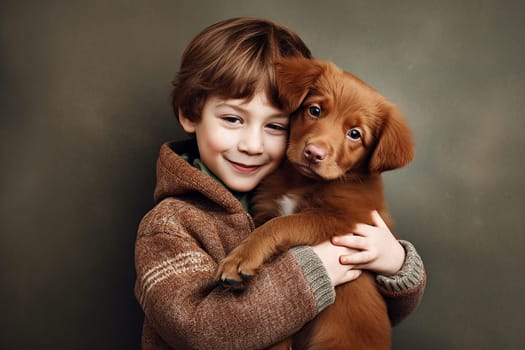 A happy child hugging his dog, city settings