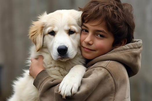 A happy child hugging his dog, city settings