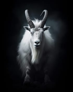 A photo of a goat with big horns, black background