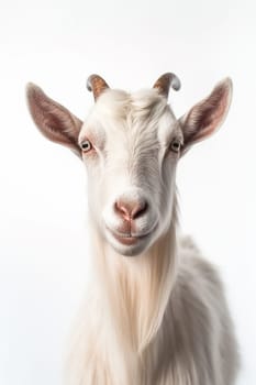 A photo of a farm animal, white goat on white background, real photo