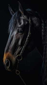 A majestic beautiful black stallion, black background, in a stall