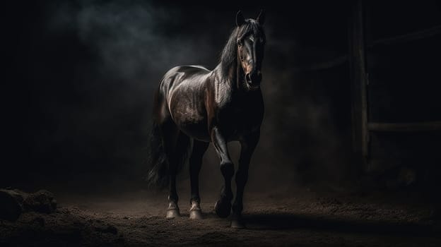 A majestic beautiful black stallion, black background, in a stall
