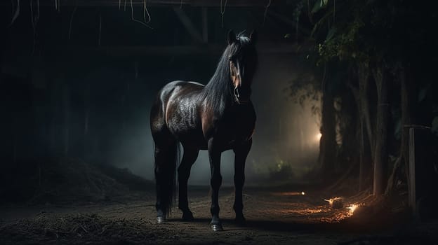 A majestic beautiful black stallion, black background, in a stall