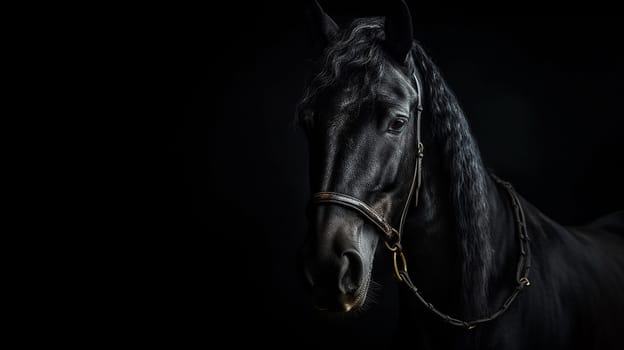 A majestic beautiful black stallion, black background, in a stall