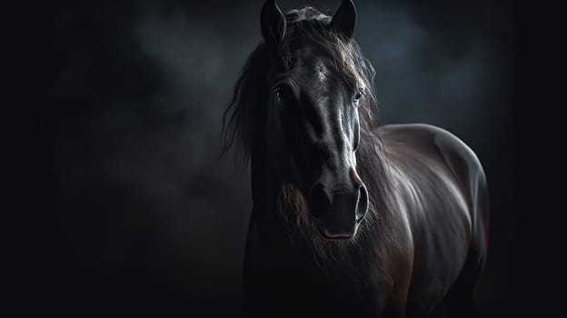 A majestic beautiful black stallion, black background, in a stall