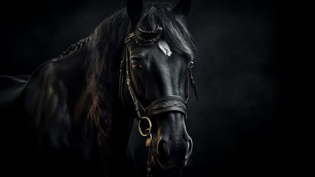 A majestic beautiful black stallion, black background, in a stall