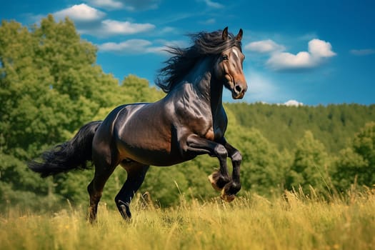 A beautiful horse running free in nature, freedom, forest background