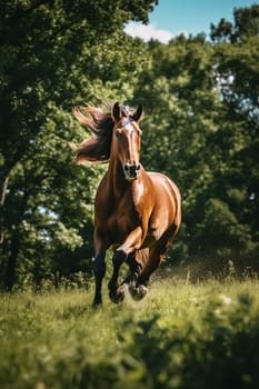 A beautiful horse running free in nature, freedom, forest background