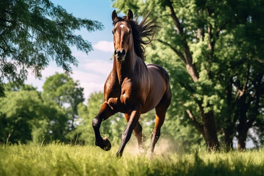 A beautiful horse running free in nature, freedom, forest background