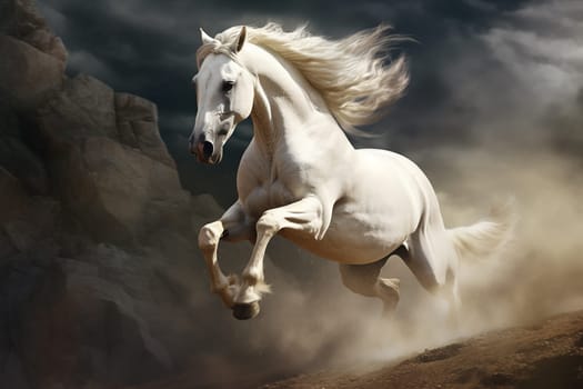A beautiful horse running free in nature, freedom, background