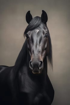 Majestic beautiful black Friesian, neutral background, pureblood