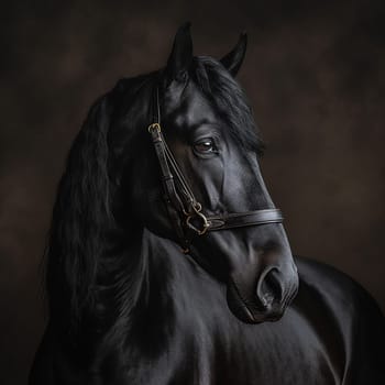 Majestic beautiful black Friesian, neutral background, pureblood