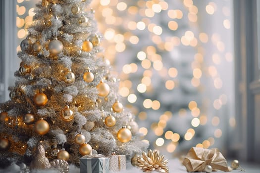 A christmas bauble of a xmas tree, golden and bright colors, bokeh effect, illustration