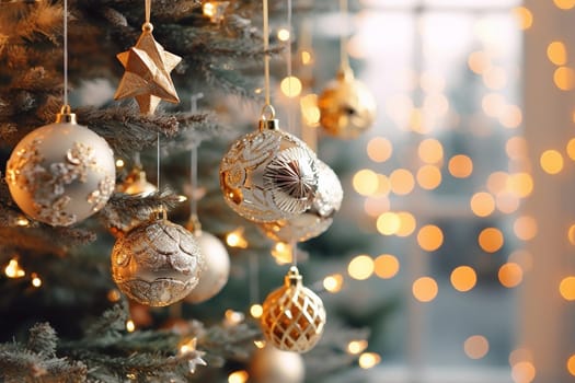 A christmas bauble of a xmas tree, golden and bright colors, bokeh effect, illustration