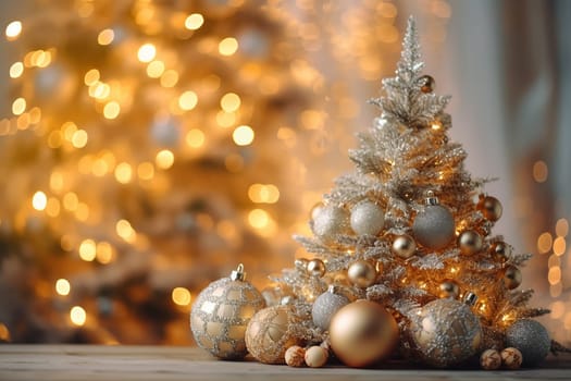 A christmas bauble of a xmas tree, golden and bright colors, bokeh effect, illustration