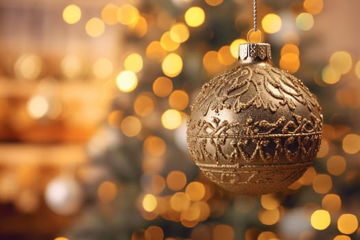 A close up christmas bauble of a xmas tree, golden and bright colors, bokeh effect, illustration