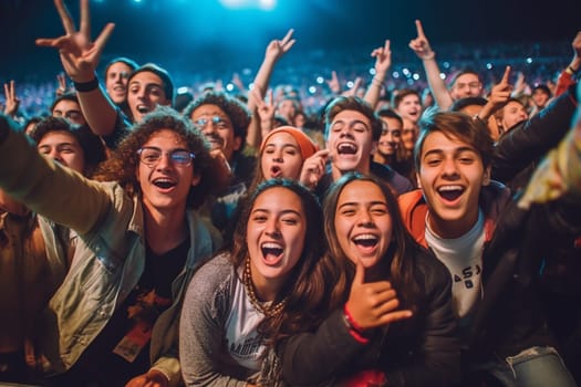 A close up photo of a group of teenager at a concert of their favorite band, night life, music festival event. happiness, joyfull