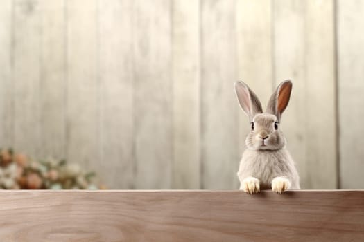 A little cute and adorable small rabbit, baby bunny photo, neutral wood background, domestic animal, family pet,