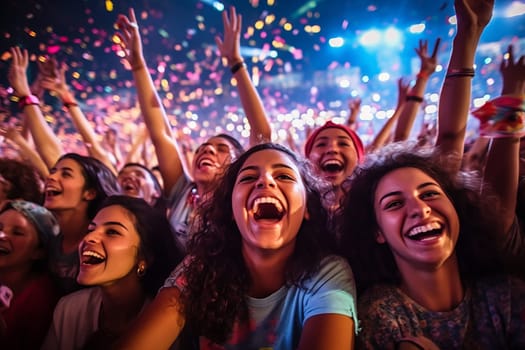 A close up photo of a group of teenager at a concert of their favorite band, night life, music festival event. happiness, joyfull crowd concert