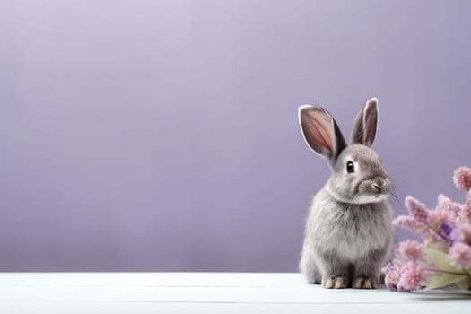 A little cute and adorable small rabbit with a lavender flower, baby bunny photo, neutral violet background, domestic animal, family pet,