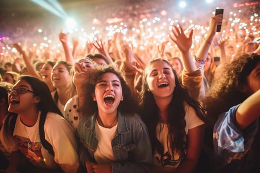 A close up photo of a group of teenager at a concert of their favorite band, night life, music festival event. happiness, joyfull crowd concert