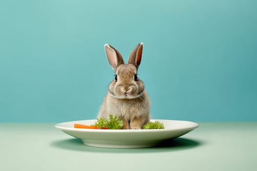 A little cute and adorable small rabbit on a plate,, baby bunny photo, vegetarian or vegan concept, neutral background