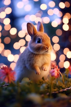 A little cute small bunny in nature, photo of a rabbit, nature background, dream atmophere