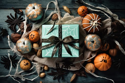 An halloween gift with black spider, orange pumpkin and black stapes. Halloween background, gift on a wood floor