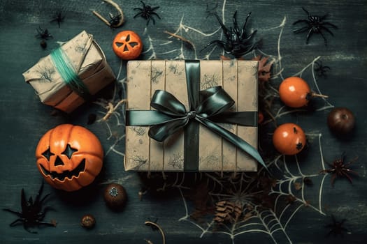 An halloween gift with black spider, orange pumpkin and black stapes. Halloween background, gift on a wood floor