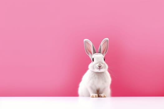 A little cute and adorable small rabbit, baby bunny photo, neutral pink background, domestic animal, family pet,